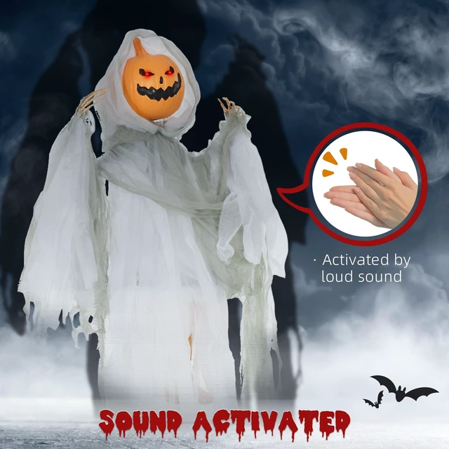 Alt view image 4 of 7 - Outdoor Hanging Halloween Decoration, Pumpkin Ghost Sound Activated Prop with Eyes and Creepy Howling Sounds, Green