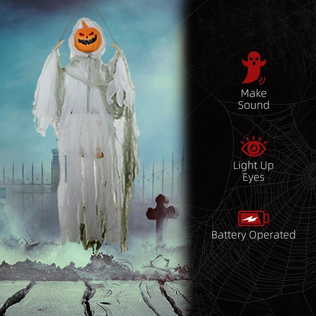 Alt view image 3 of 7 - Outdoor Hanging Halloween Decoration, Pumpkin Ghost Sound Activated Prop with Eyes and Creepy Howling Sounds, Green