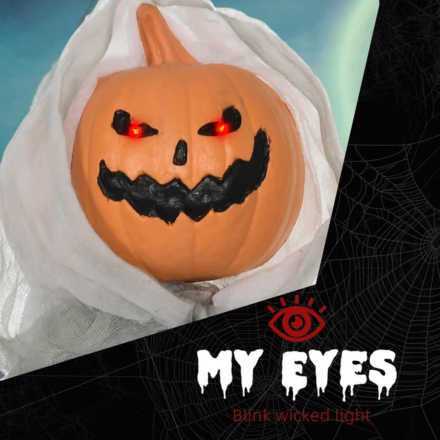 Alt view image 5 of 7 - Outdoor Hanging Halloween Decoration, Pumpkin Ghost Sound Activated Prop with Eyes and Creepy Howling Sounds, Green