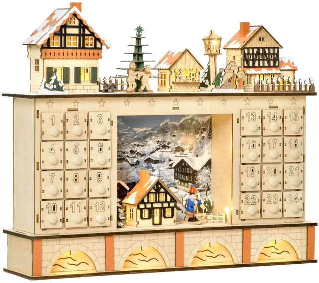 Main image of Christmas Advent Calendar, Table Xmas Wooden Store Holiday Decoration with Countdown Drawer Village for Kids