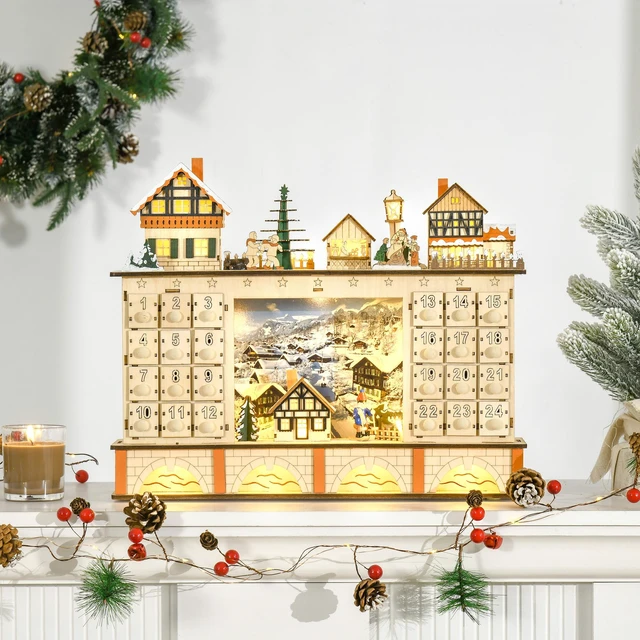 Alt view image 2 of 7 - Christmas Advent Calendar, Table Xmas Wooden Store Holiday Decoration with Countdown Drawer Village for Kids