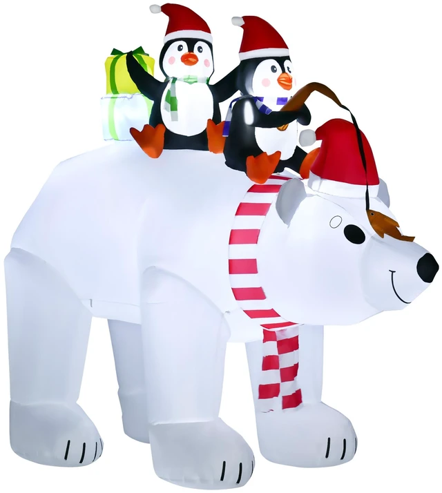 Main image of 7 ft Polar Bear and Penguins Christmas Inflatable, LED Lighted Outdoor Holiday Blow Yard Decoration, White, Polyester