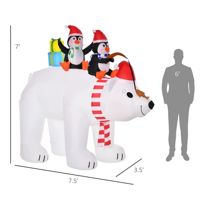 Alt view image 7 of 7 - 7 ft Polar Bear and Penguins Christmas Inflatable, LED Lighted Outdoor Holiday Blow Yard Decoration, White, Polyester