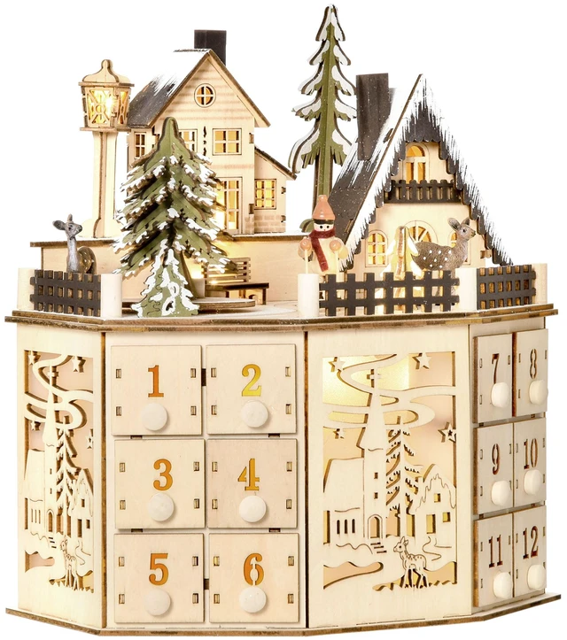 Main image of Christmas Advent Calendar, Table Xmas Wooden Holiday Decoration with Countdown Drawers and Village for Kids and Adults