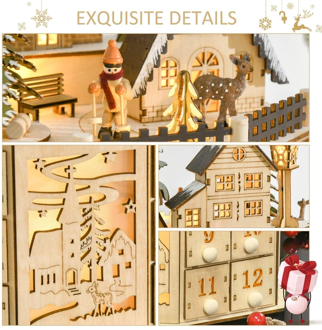 Alt view image 3 of 7 - Christmas Advent Calendar, Table Xmas Wooden Holiday Decoration with Countdown Drawers and Village for Kids and Adults