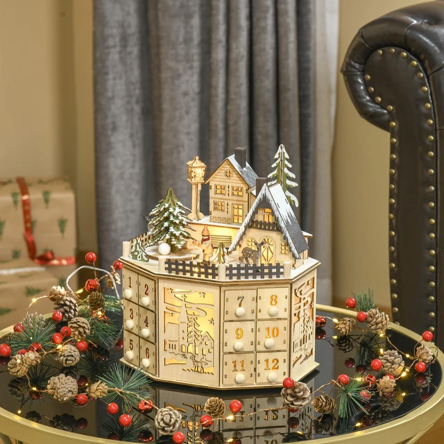 Alt view image 2 of 7 - Christmas Advent Calendar, Table Xmas Wooden Holiday Decoration with Countdown Drawers and Village for Kids and Adults
