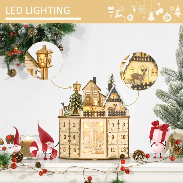 Alt view image 5 of 7 - Christmas Advent Calendar, Table Xmas Wooden Holiday Decoration with Countdown Drawers and Village for Kids and Adults