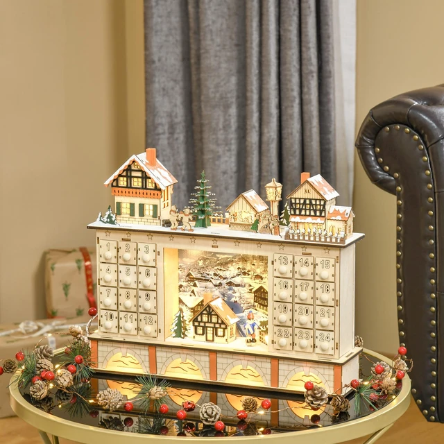 Alt view image 7 of 7 - Christmas Advent Calendar, Table Xmas Wooden Store Holiday Decoration with Countdown Drawer Village for Kids