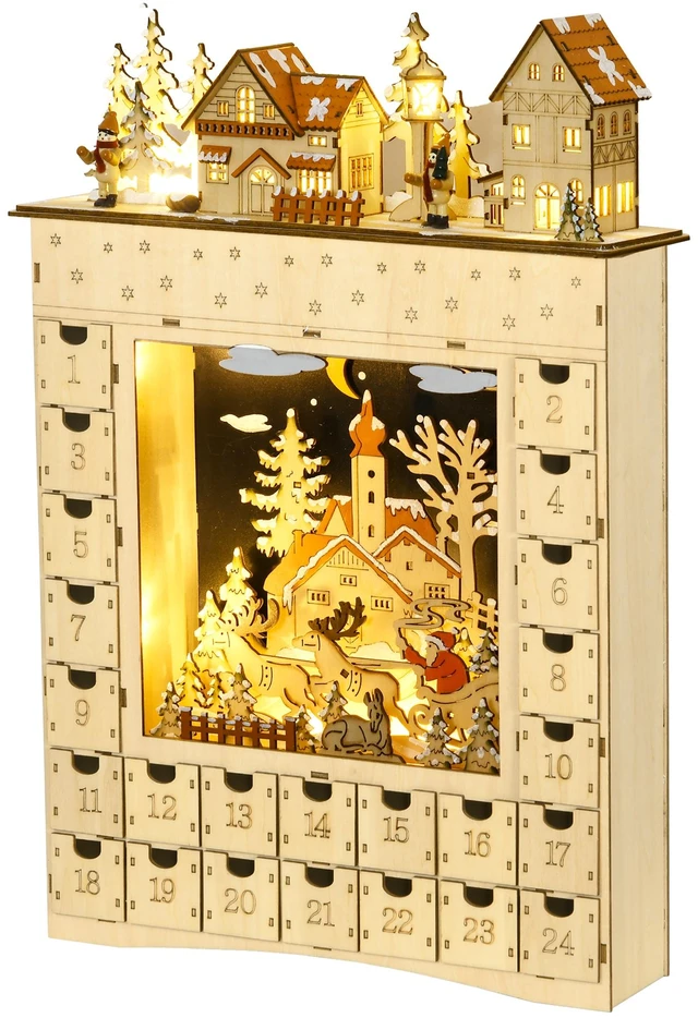 Main image of Christmas Advent Calendar, Wooden Holiday Decoration with Countdown Drawers and LED Lights for Kids and Adults Battery