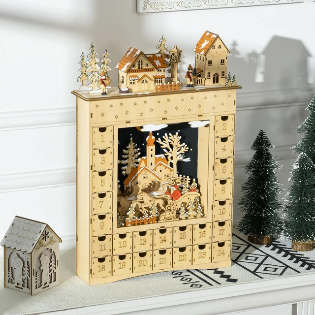 Alt view image 2 of 7 - Christmas Advent Calendar, Wooden Holiday Decoration with Countdown Drawers and LED Lights for Kids and Adults Battery