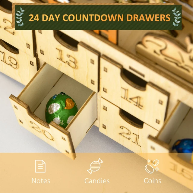 Alt view image 4 of 7 - Christmas Advent Calendar, Wooden Holiday Decoration with Countdown Drawers and LED Lights for Kids and Adults Battery