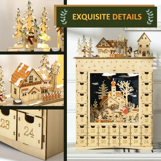 Alt view image 3 of 7 - Christmas Advent Calendar, Wooden Holiday Decoration with Countdown Drawers and LED Lights for Kids and Adults Battery