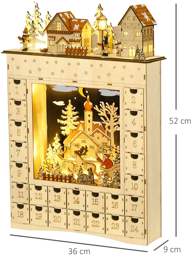 Alt view image 6 of 7 - Christmas Advent Calendar, Wooden Holiday Decoration with Countdown Drawers and LED Lights for Kids and Adults Battery