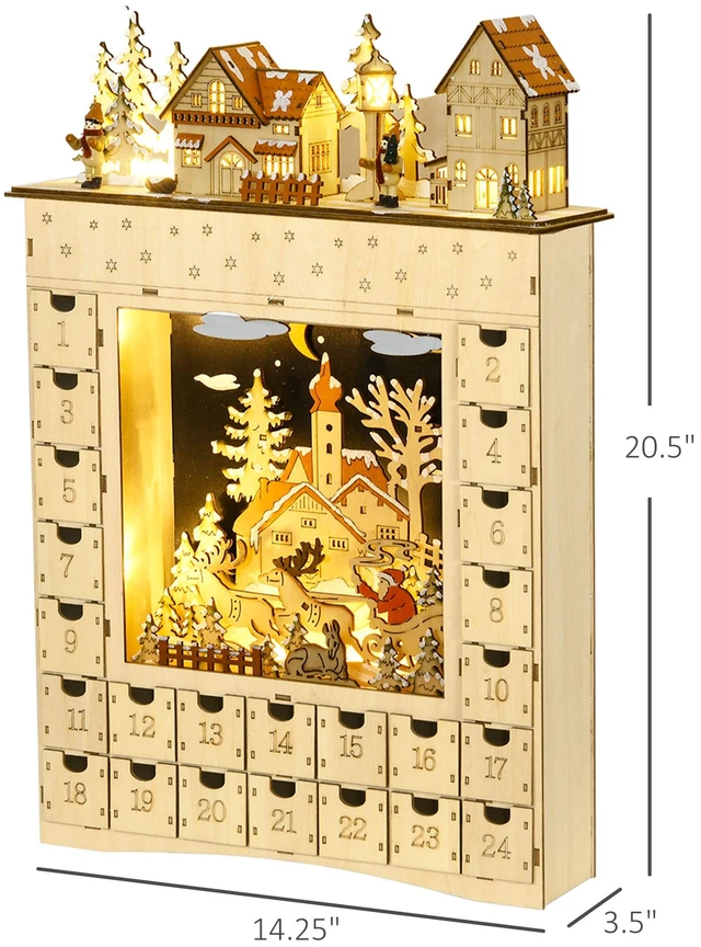 Alt view image 7 of 7 - Christmas Advent Calendar, Wooden Holiday Decoration with Countdown Drawers and LED Lights for Kids and Adults Battery