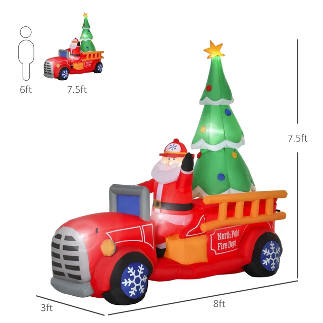 Alt view image 6 of 7 - 7.5 ft Christmas Inflatable Santa Claus Driving Fire Truck with Tree, Outdoor Blow Yard Decoration with LED Lights