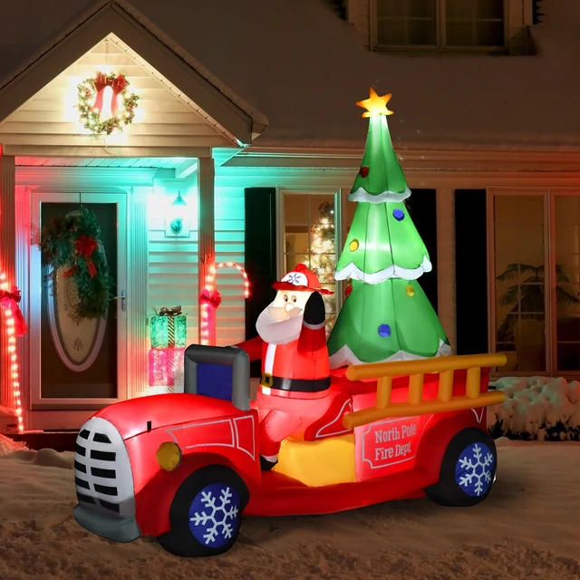 Alt view image 7 of 7 - 7.5 ft Christmas Inflatable Santa Claus Driving Fire Truck with Tree, Outdoor Blow Yard Decoration with LED Lights