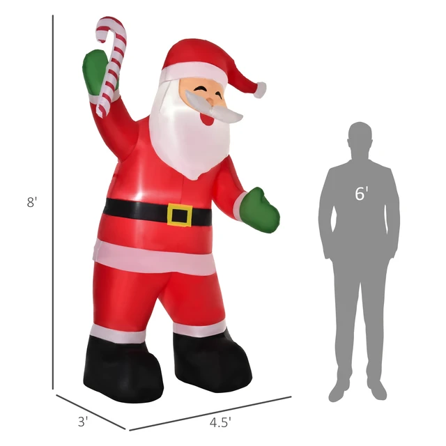 Alt view image 6 of 7 - Christmas Inflatable Santa Claus with Candy Cane, Outdoor Blow Yard Decoration with LED Lights Display, Red, Polyester