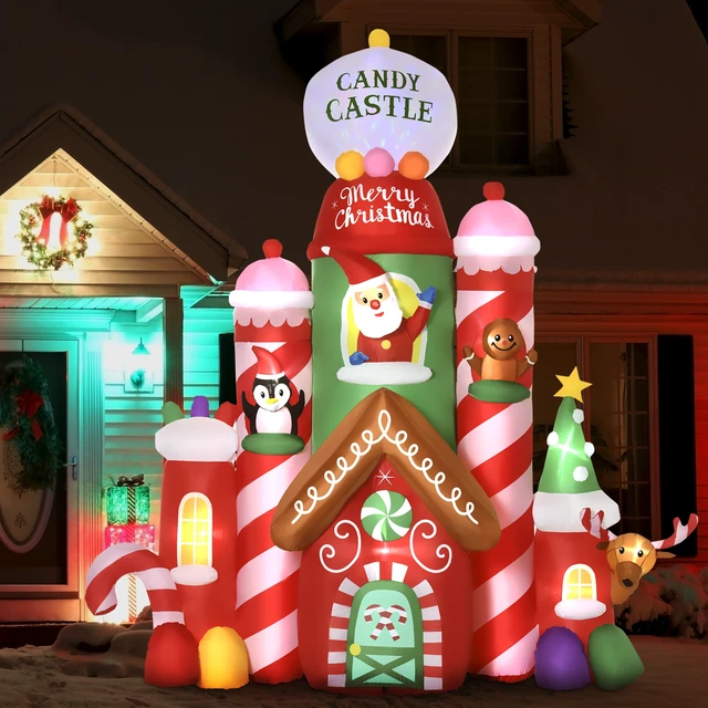 Alt view image 7 of 7 - 10 ft Christmas Inflatables Outdoor Decorations Candy Castle, Blow LED Yard Christmas Decor Built in Rotating Colorful