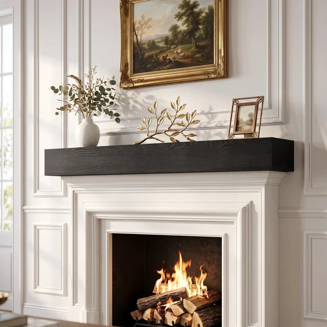 Main image of 60 Inch Fireplace Mantel Wall-Mounted and Floating Shelf for Decor with Textured Wood Grain Surface, Black, Solid Wood