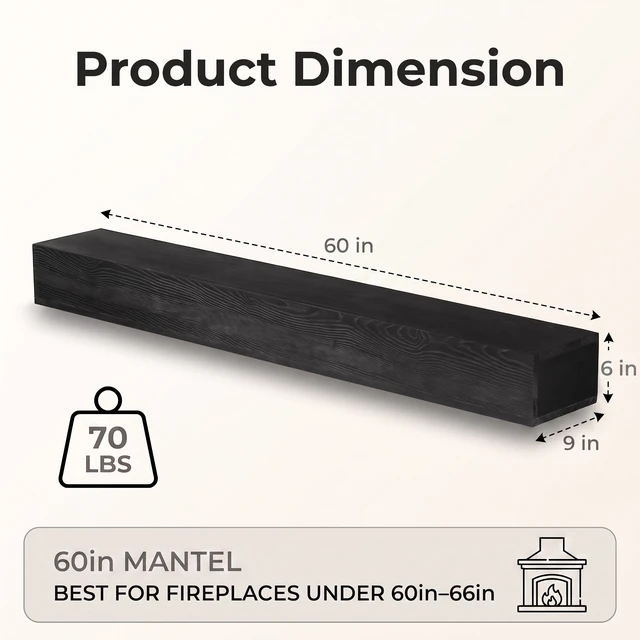 Alt view image 3 of 7 - 60 Inch Fireplace Mantel Wall-Mounted and Floating Shelf for Decor with Textured Wood Grain Surface, Black, Solid Wood
