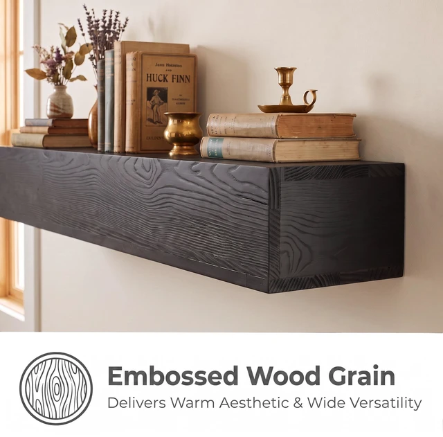 Alt view image 2 of 7 - 60 Inch Fireplace Mantel Wall-Mounted and Floating Shelf for Decor with Textured Wood Grain Surface, Black, Solid Wood
