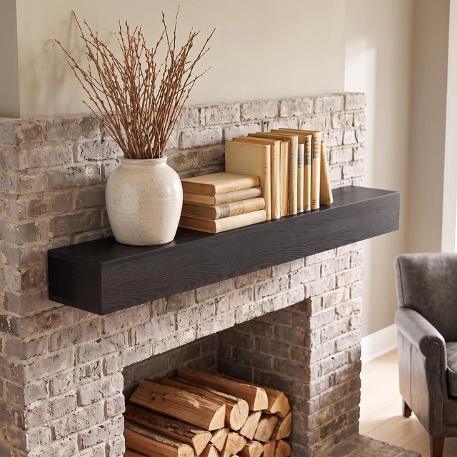 Alt view image 7 of 7 - 60 Inch Fireplace Mantel Wall-Mounted and Floating Shelf for Decor with Textured Wood Grain Surface, Black, Solid Wood