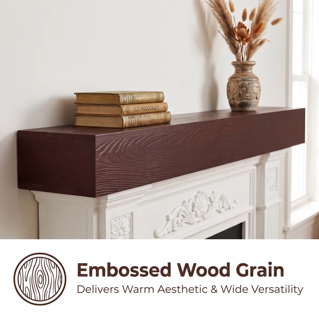 Alt view image 2 of 7 - 60 Inch Fireplace Mantel Wall-Mounted and Floating Shelf for Decor with Textured Wood Grain Surface, Dark Walnut, Solid