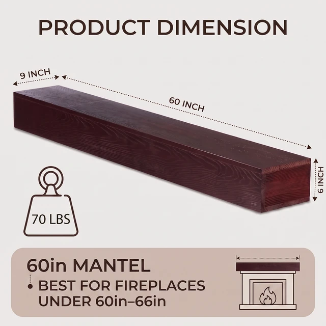 Alt view image 3 of 7 - 60 Inch Fireplace Mantel Wall-Mounted and Floating Shelf for Decor with Textured Wood Grain Surface, Dark Walnut, Solid
