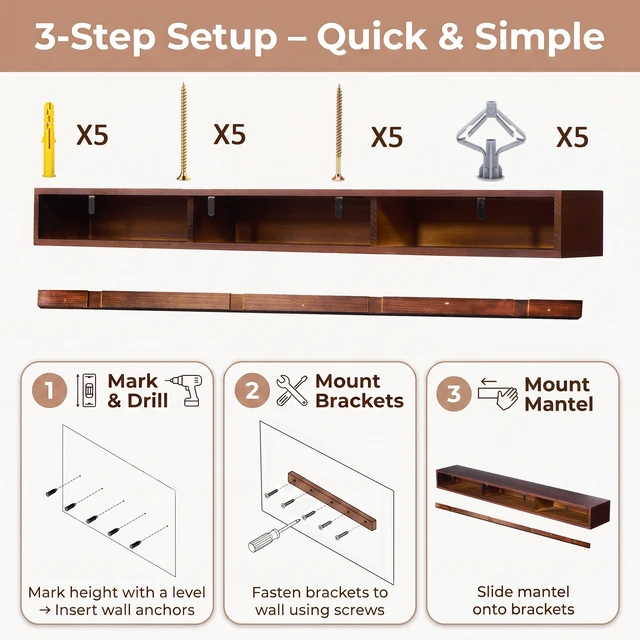 Alt view image 4 of 7 - 60 Inch Fireplace Mantel Wall-Mounted and Floating Shelf for Decor with Textured Wood Grain Surface, Dark Walnut, Solid