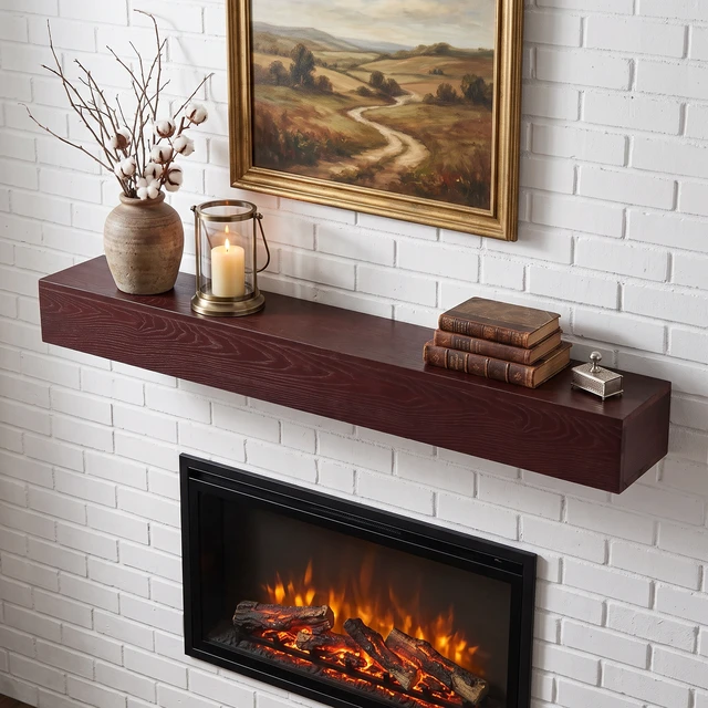 Alt view image 7 of 7 - 60 Inch Fireplace Mantel Wall-Mounted and Floating Shelf for Decor with Textured Wood Grain Surface, Dark Walnut, Solid