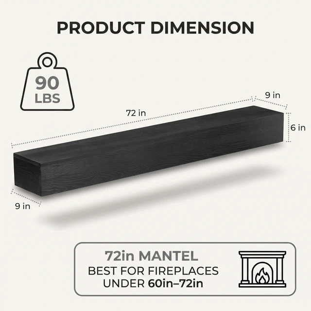 Alt view image 3 of 7 - 72 Inch Fireplace Mantel Wall-Mounted and Floating Shelf for Decor with Textured Wood Grain Surface, Black, Solid Wood