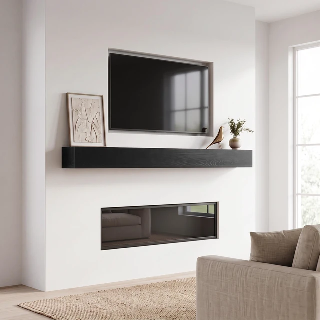Main image of 72 Inch Fireplace Mantel Wall-Mounted and Floating Shelf for Decor with Textured Wood Grain Surface, Black, Solid Wood