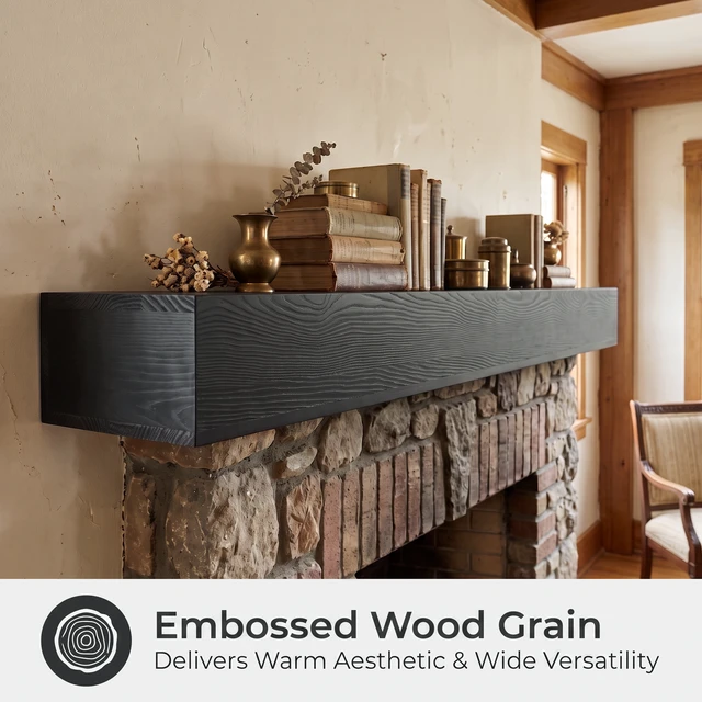 Alt view image 2 of 7 - 72 Inch Fireplace Mantel Wall-Mounted and Floating Shelf for Decor with Textured Wood Grain Surface, Black, Solid Wood