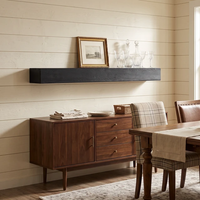 Alt view image 7 of 7 - 72 Inch Fireplace Mantel Wall-Mounted and Floating Shelf for Decor with Textured Wood Grain Surface, Black, Solid Wood