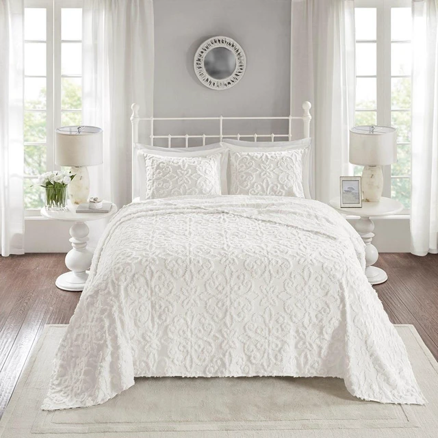 Main image of 3 Piece Tufted Cotton Chenille Bedspread Set Full Queen, Off White, Bedding Sets