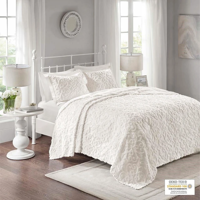Alt view image 4 of 6 - 3 Piece Tufted Cotton Chenille Bedspread Set Full Queen, Off White, Bedding Sets