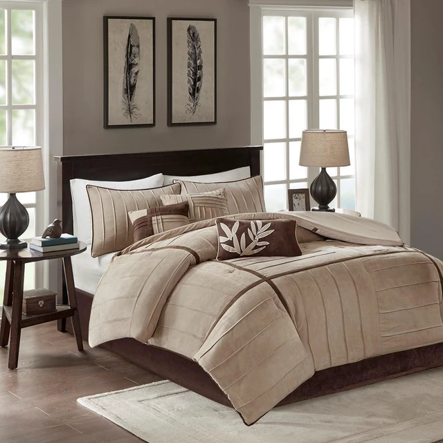 Main image of 7 Piece Faux Suede Comforter Set Queen, Beige, Polyester, Bedding Sets