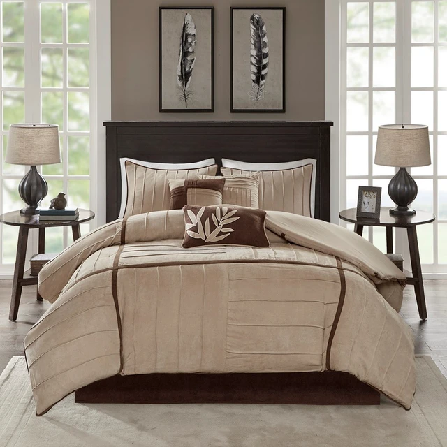 Alt view image 3 of 7 - 7 Piece Faux Suede Comforter Set Queen, Beige, Polyester, Bedding Sets