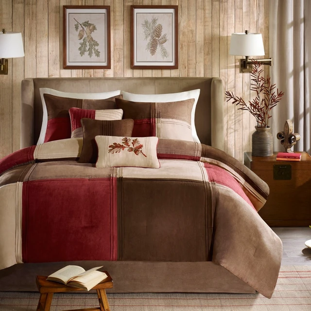 Alt view image 2 of 7 - 7 Piece Microsuede Comforter Set Cal King, Red, Polyester, Bedding Sets