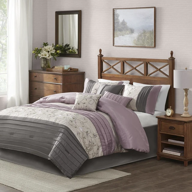 Main image of Embroidered 7 Piece Comforter Set Purple King, Polyester, Bedding Sets