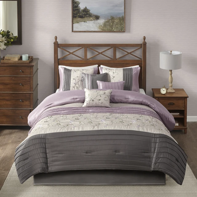 Alt view image 5 of 7 - Embroidered 7 Piece Comforter Set Purple King, Polyester, Bedding Sets