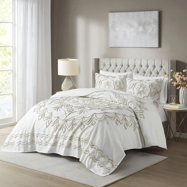 Main image of 3 Piece Tufted Cotton Chenille Coverlet Set Full Queen, Ivory Taupe, Bedding Sets