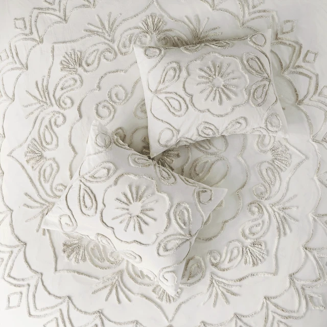 Alt view image 3 of 7 - 3 Piece Tufted Cotton Chenille Coverlet Set Full Queen, Ivory Taupe, Bedding Sets