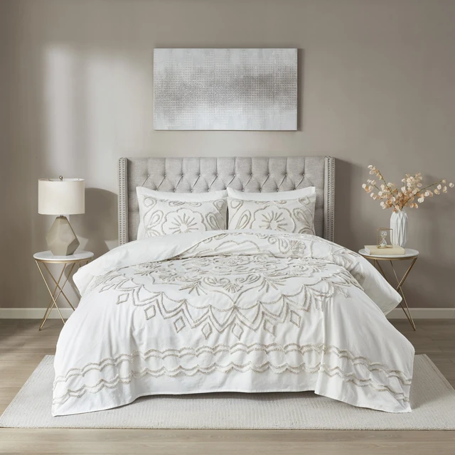 Alt view image 5 of 7 - 3 Piece Tufted Cotton Chenille Coverlet Set Full Queen, Ivory Taupe, Bedding Sets