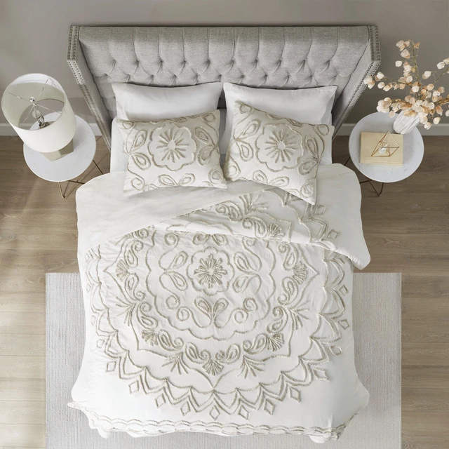Alt view image 7 of 7 - 3 Piece Tufted Cotton Chenille Coverlet Set Full Queen, Ivory Taupe, Bedding Sets
