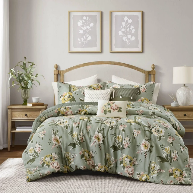 Main image of 7 Piece Cal King Vin Floral Comforter Set, Green, Cotton, Bedding Sets