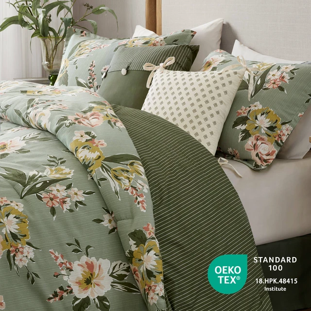 Alt view image 3 of 7 - 7 Piece Cal King Vin Floral Comforter Set, Green, Cotton, Bedding Sets