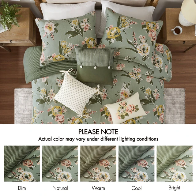 Alt view image 5 of 7 - 7 Piece Cal King Vin Floral Comforter Set, Green, Cotton, Bedding Sets