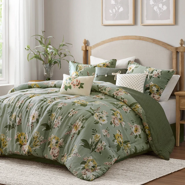 Alt view image 7 of 7 - 7 Piece Cal King Vin Floral Comforter Set, Green, Cotton, Bedding Sets