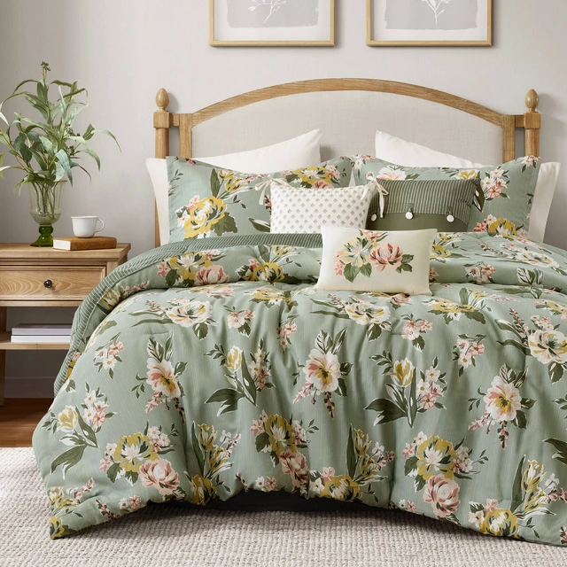 Alt view image 6 of 7 - 7 Piece Cal King Vin Floral Comforter Set, Green, Cotton, Bedding Sets